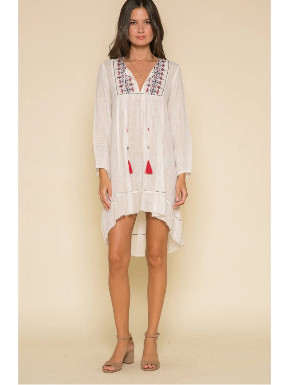 White Embroidered V-Neck Tassel Tunic Dress - XS